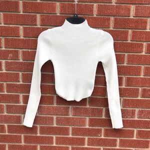Pure white crop mock neck ribbed sweater